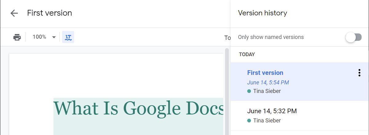 Viewing the version history of a Google Doc.