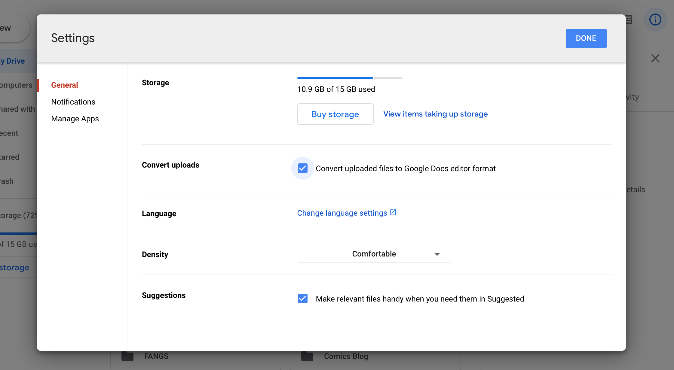 Menu Setelan di Google Drive dengan kotak Konversi file dicentang