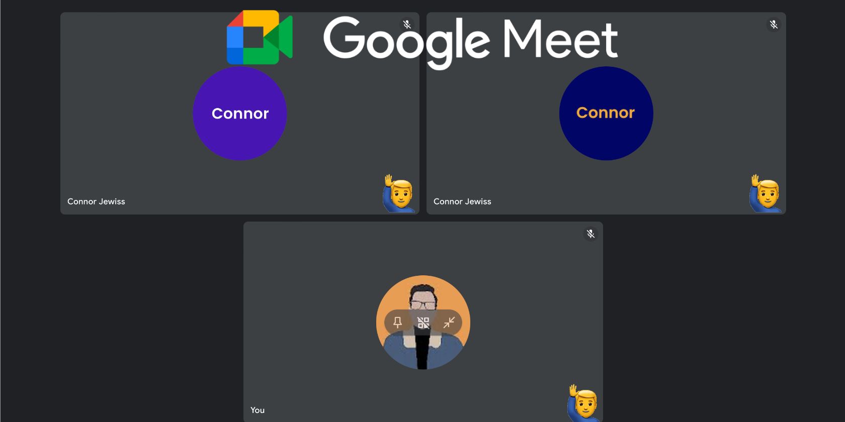 Image showing a Google Meet call with each person using the hands raised feature.