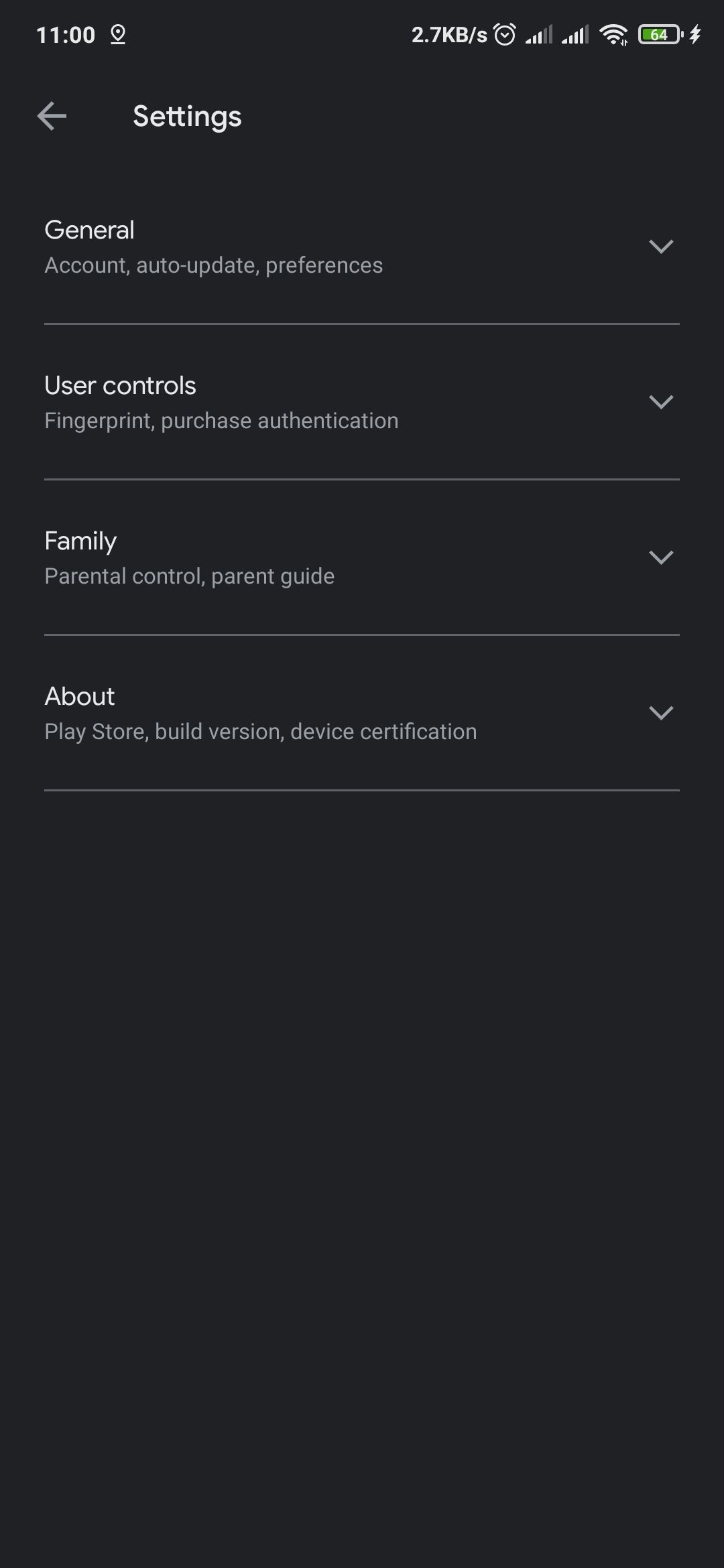 Google Play Store granular settings section