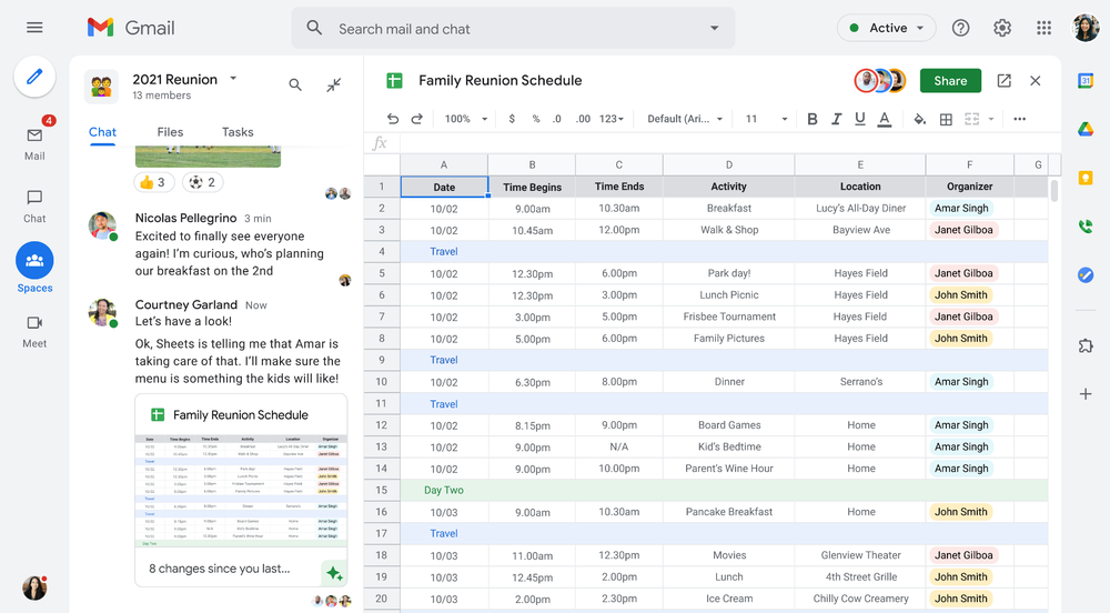 A screenshot showing an example of how Workspace can be used to combine Gmail, Spaces, and Sheets.