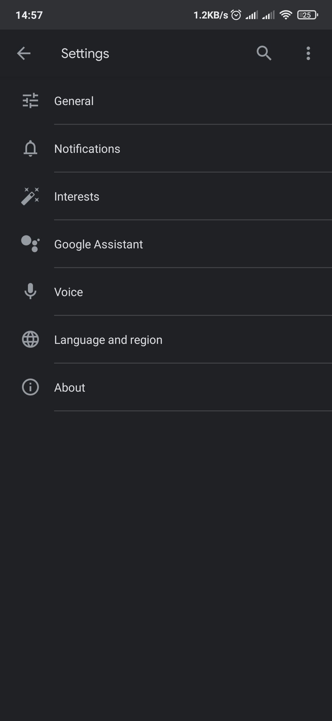 Settings menu inside Google app