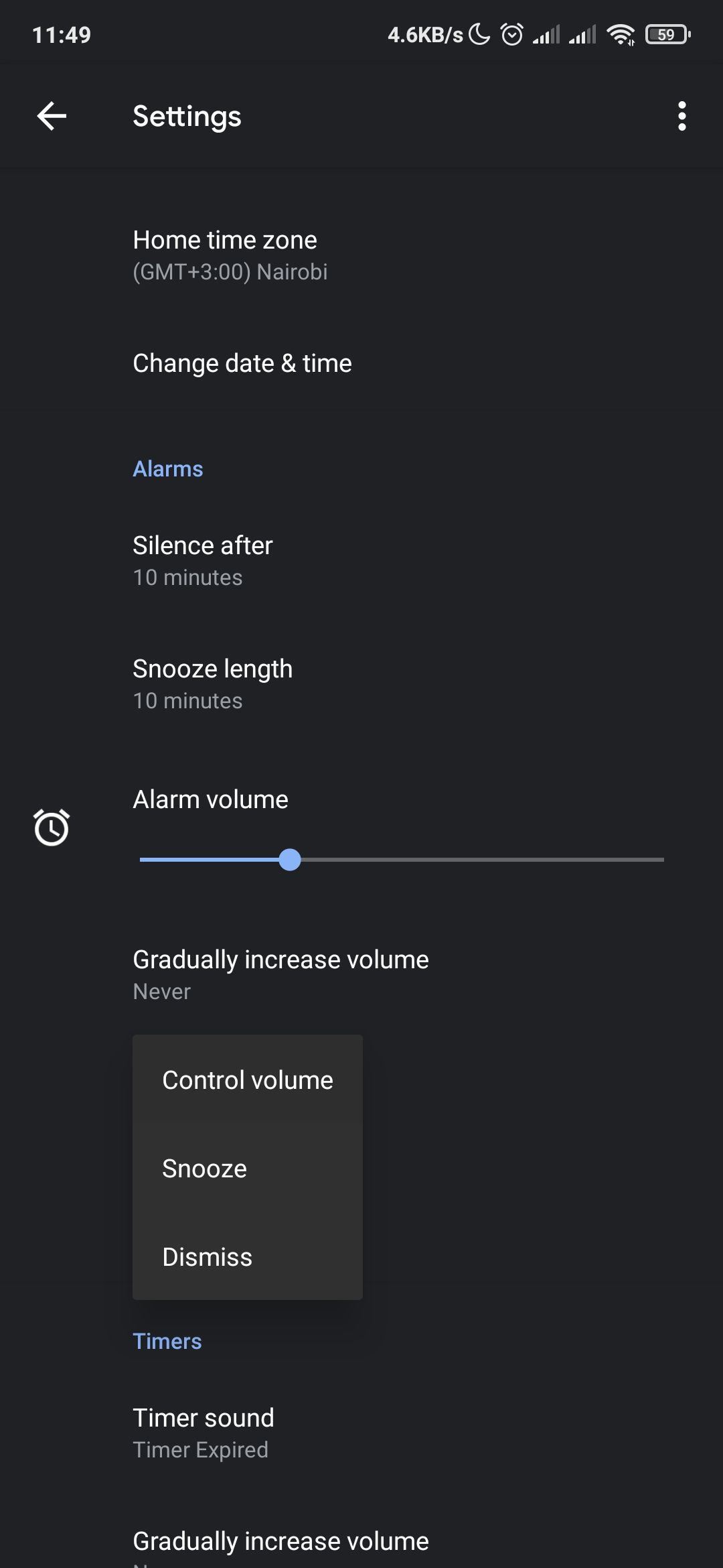Alarm settings in Google clock app