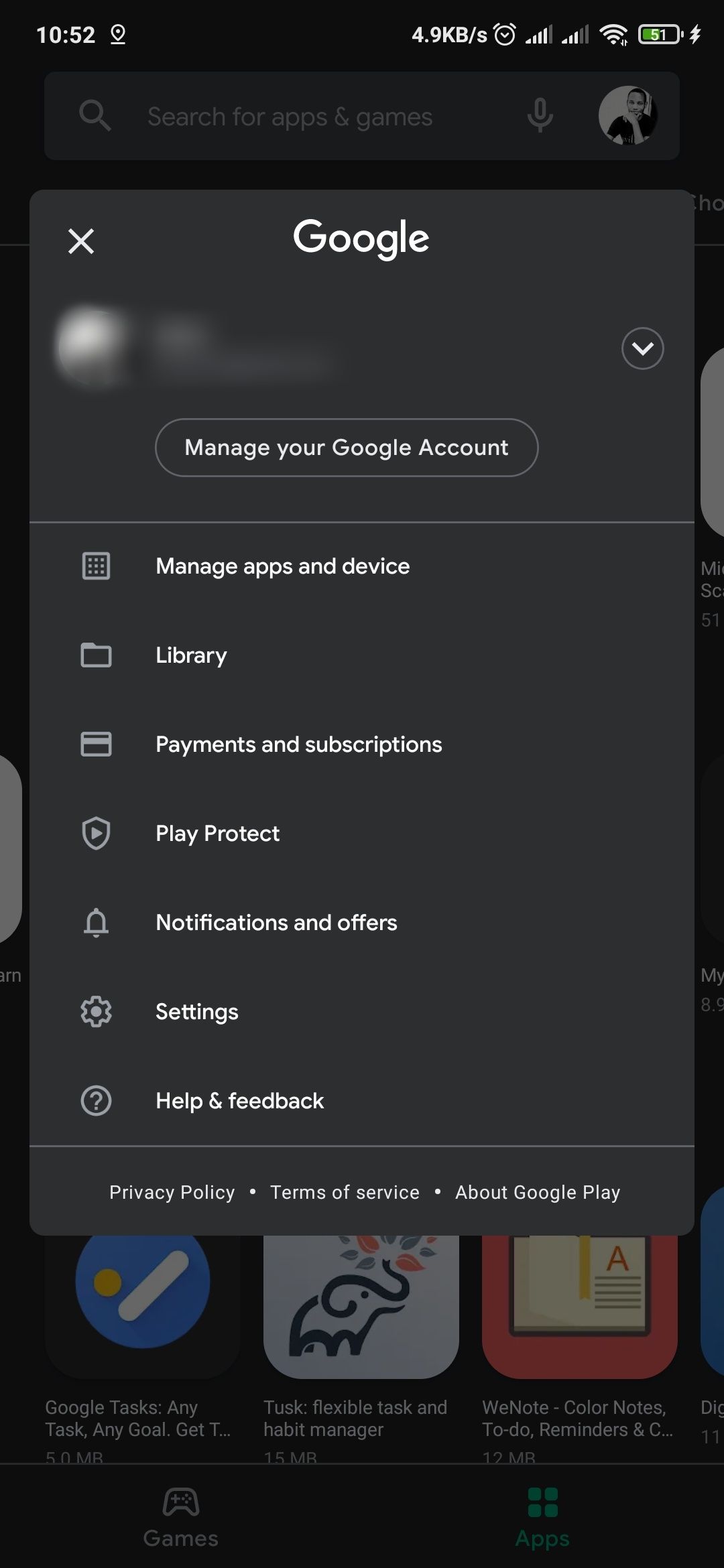 The new menu section in Google Play Store