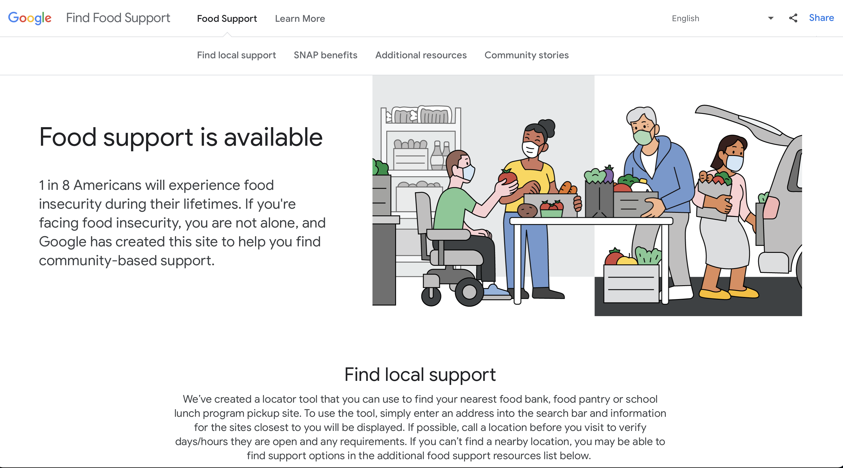 Screenshot of Google's new &quot;Find Food Support&quot; site.