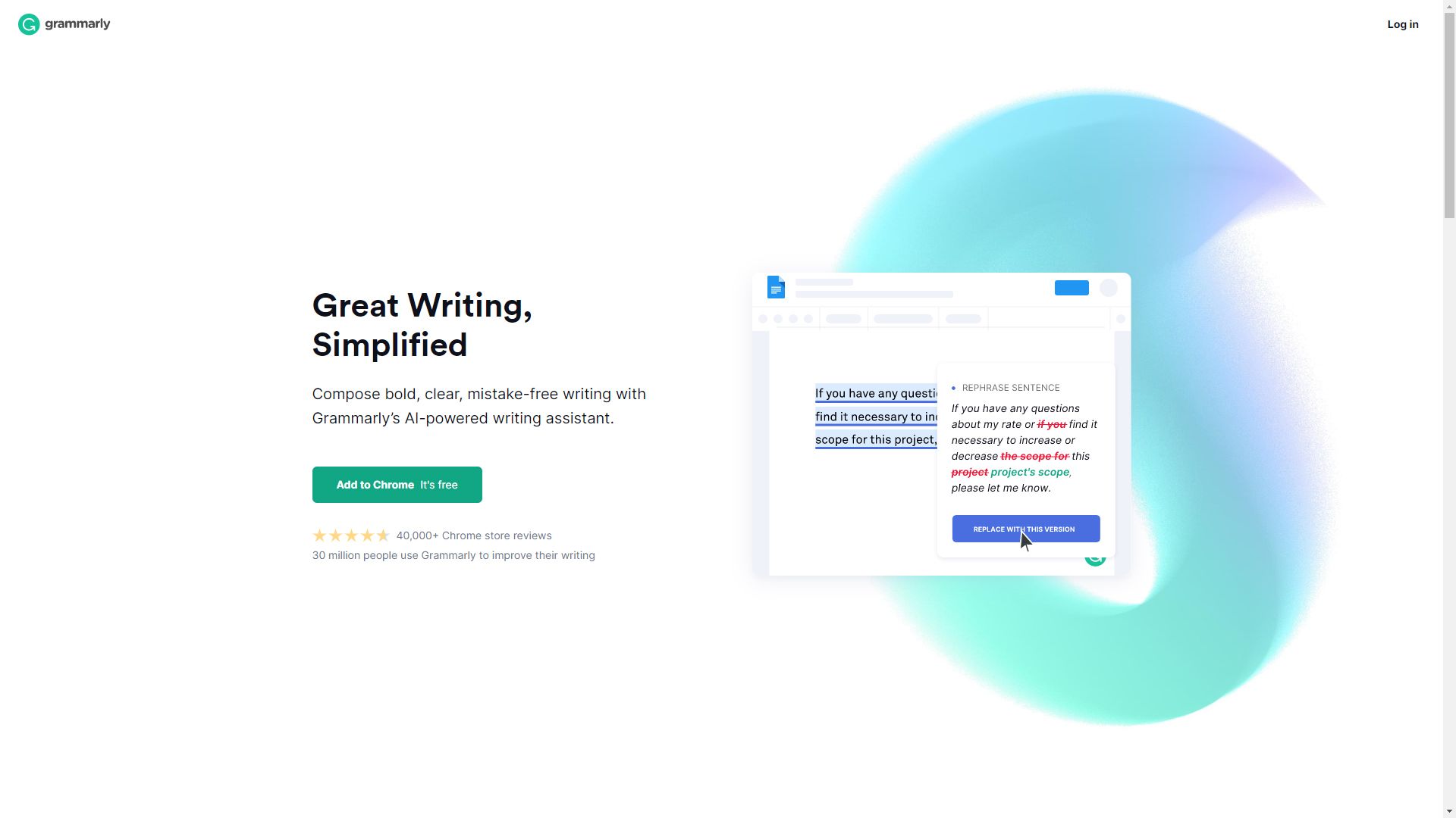 Screenshot of the Grammarly homepage on Google Chrome