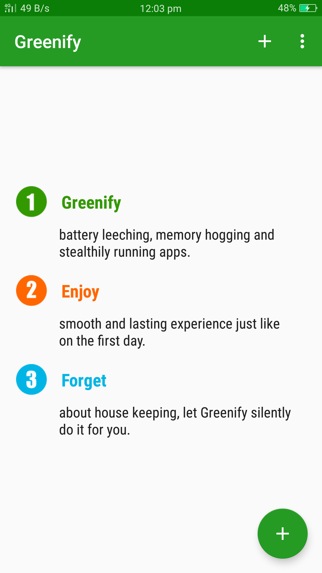 Greenify Default Welcome Screen After Set Up