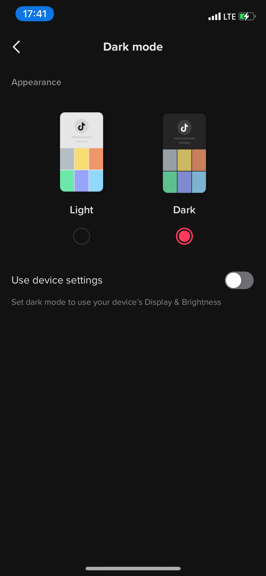 An iPhone screenshot showing the Dark Mode section in the Tiktok app