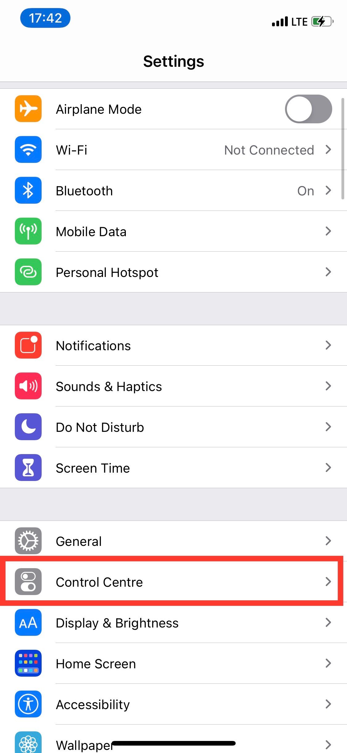 iPhone Settings menu with Control Center highlighted