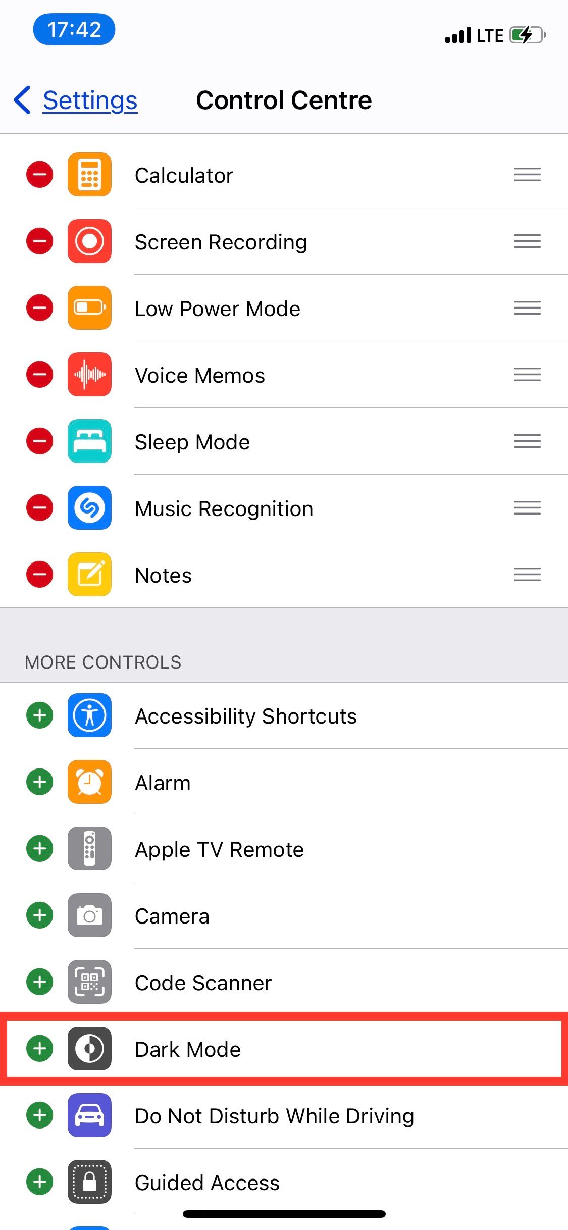 iPhone Control Center customization menu