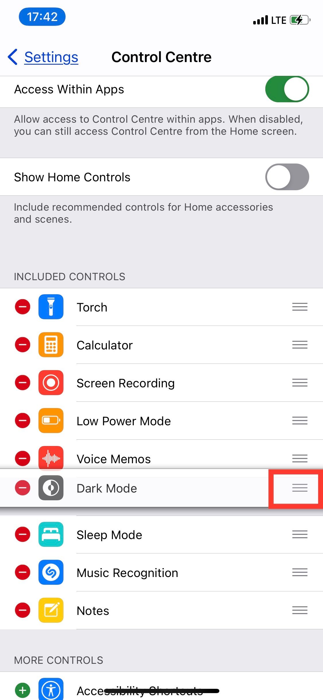 iPhone Dark Mode widget being added to the Control Center