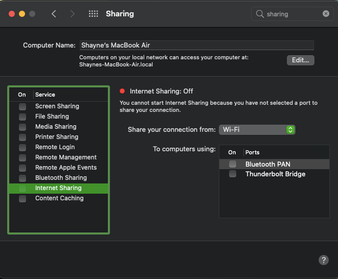 Internet Sharing on Mac