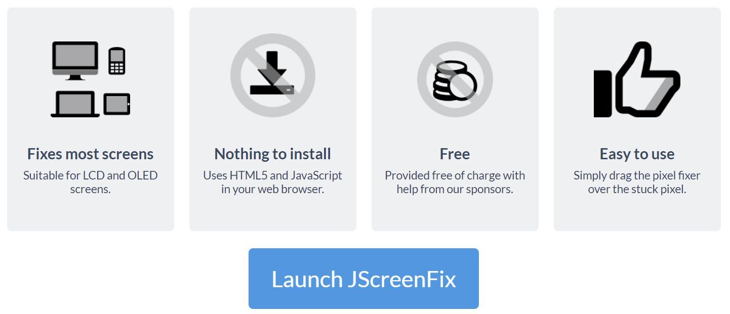 Visão geral dos recursos do JScreen Fix e botão Iniciar.