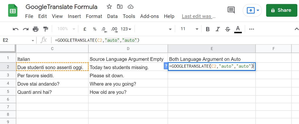 Keeping Both Arguments on Auto in GoogleTranslate Function in Google Sheets
