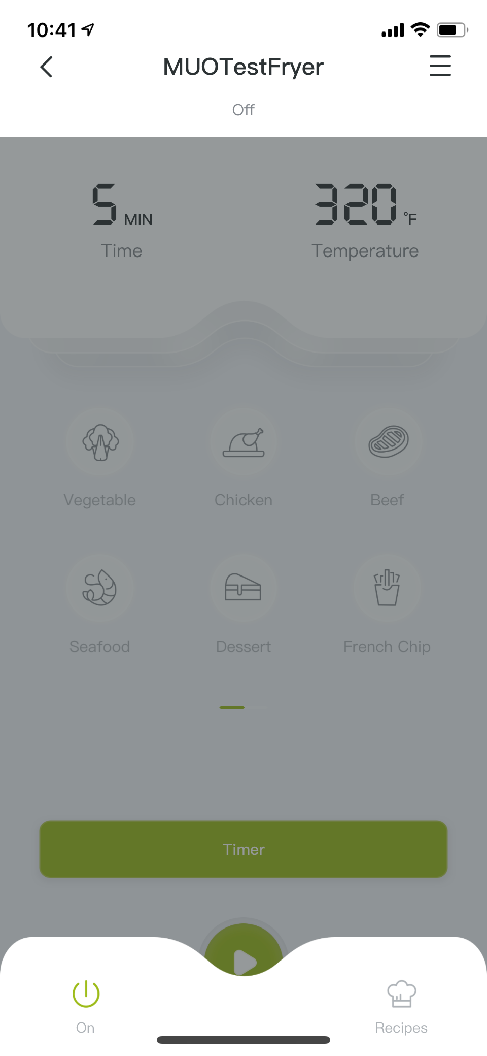 The main fryer screen of the Kyvol app