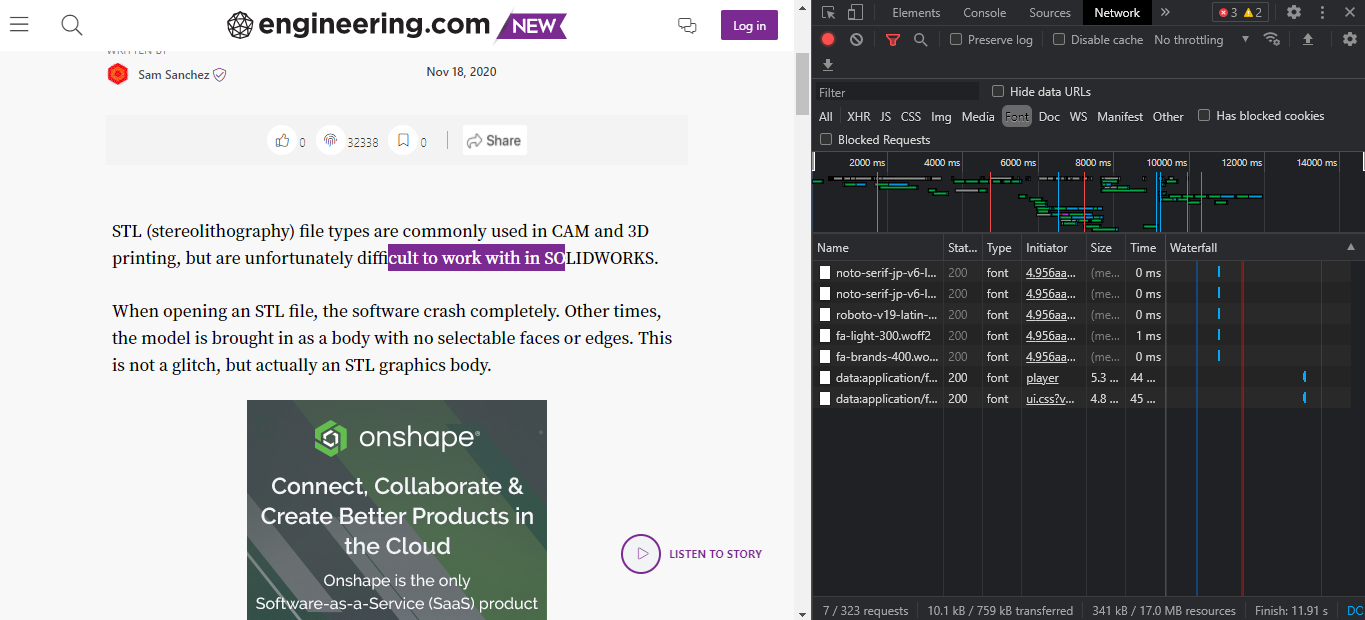 lista över teckensnitt som används på webbplatsen som visas i Chrome Browser Inspector