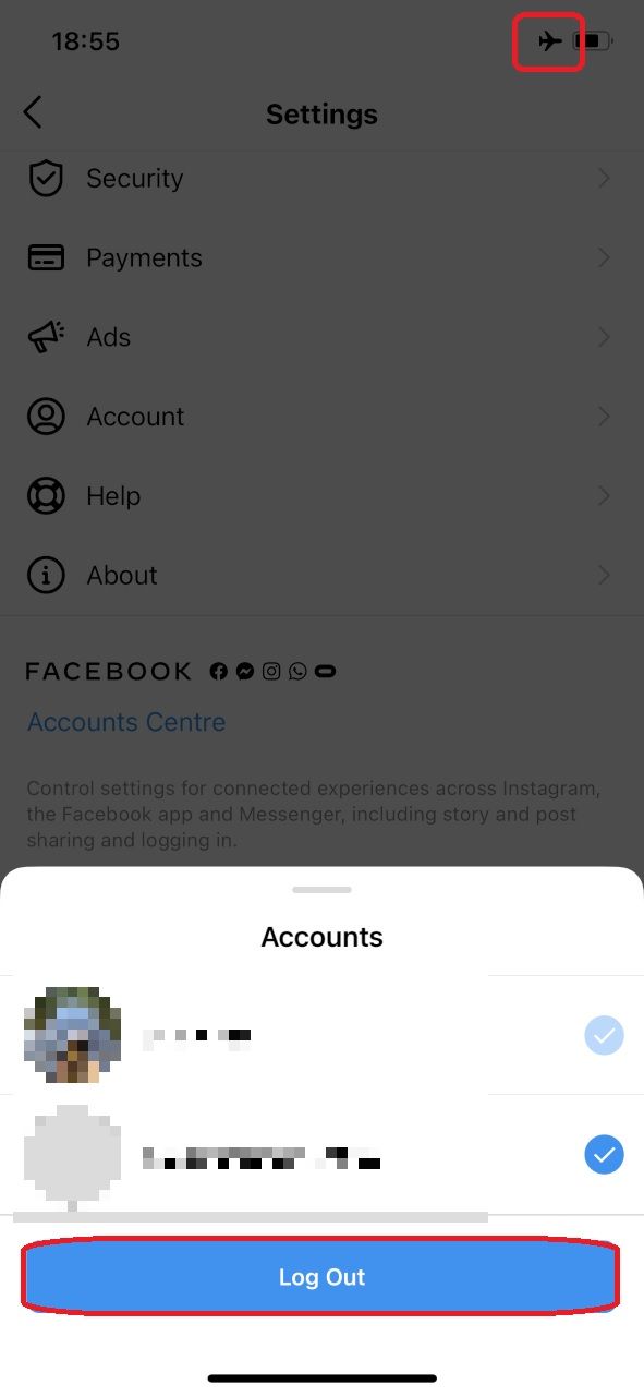 sign out of instagram accounts on airplane mode