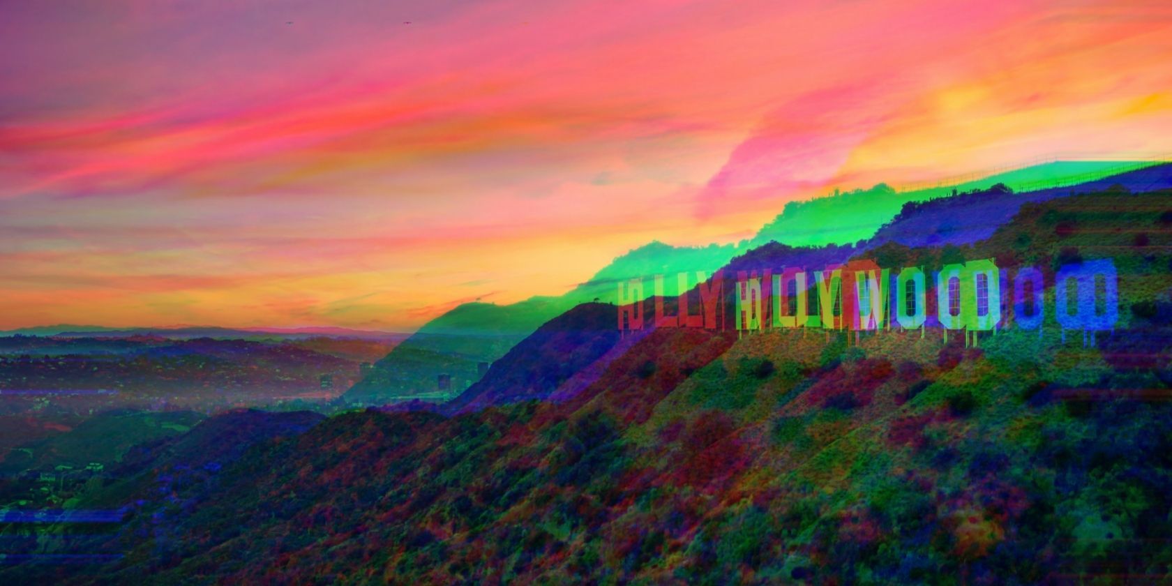 Distorted Hollywood sign on Hollywood Hills at sunset