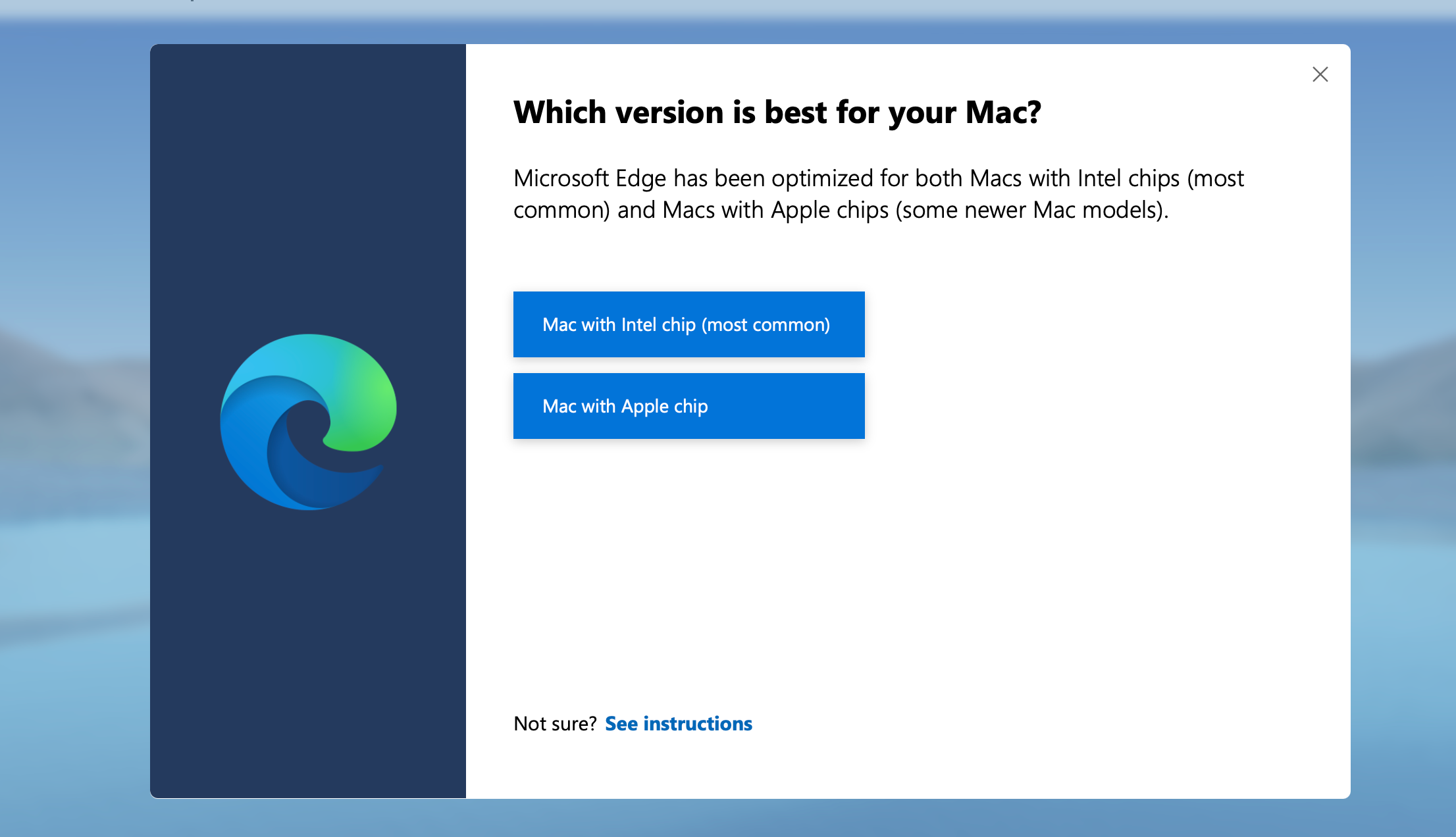 The Mac chip type selection of the download process on the Microsoft Edge website