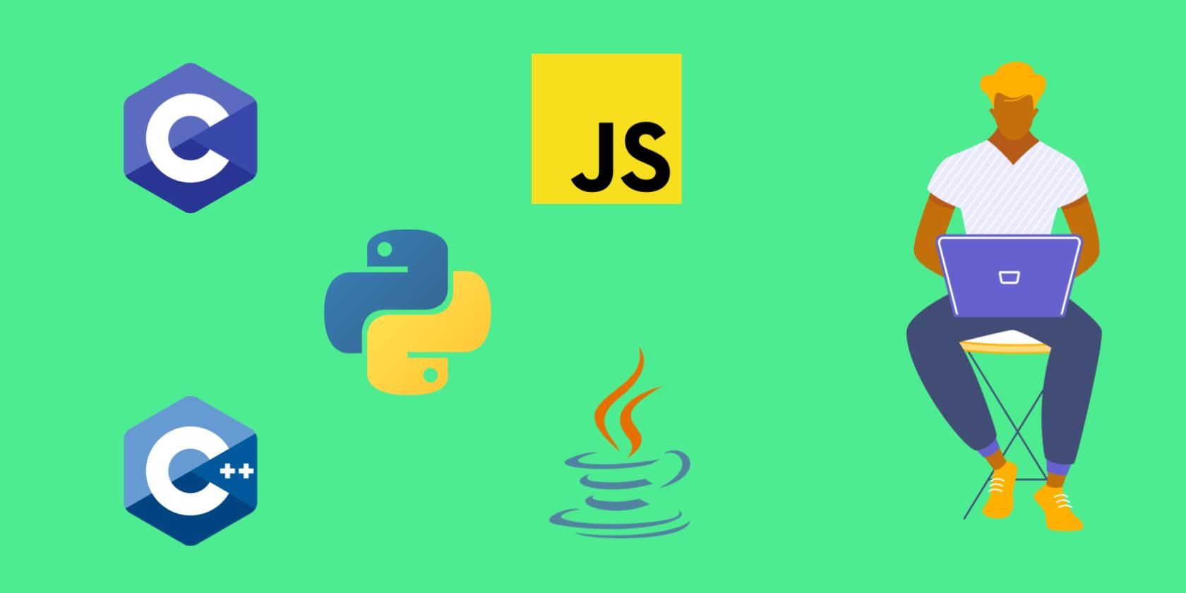 Man working and C, C++, Python, Java, and JavaScript logos