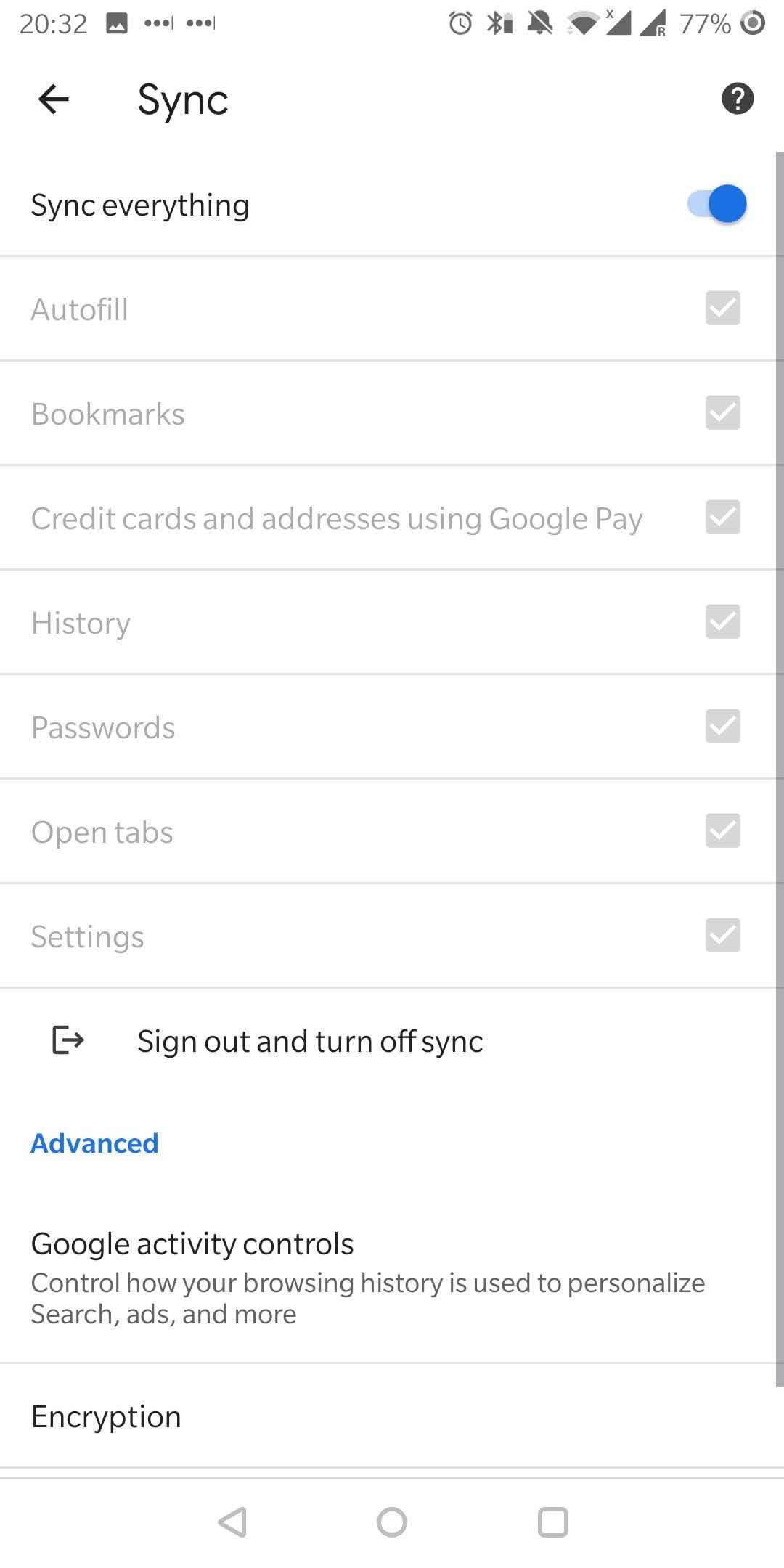 Google Chrome on Android Sync settings