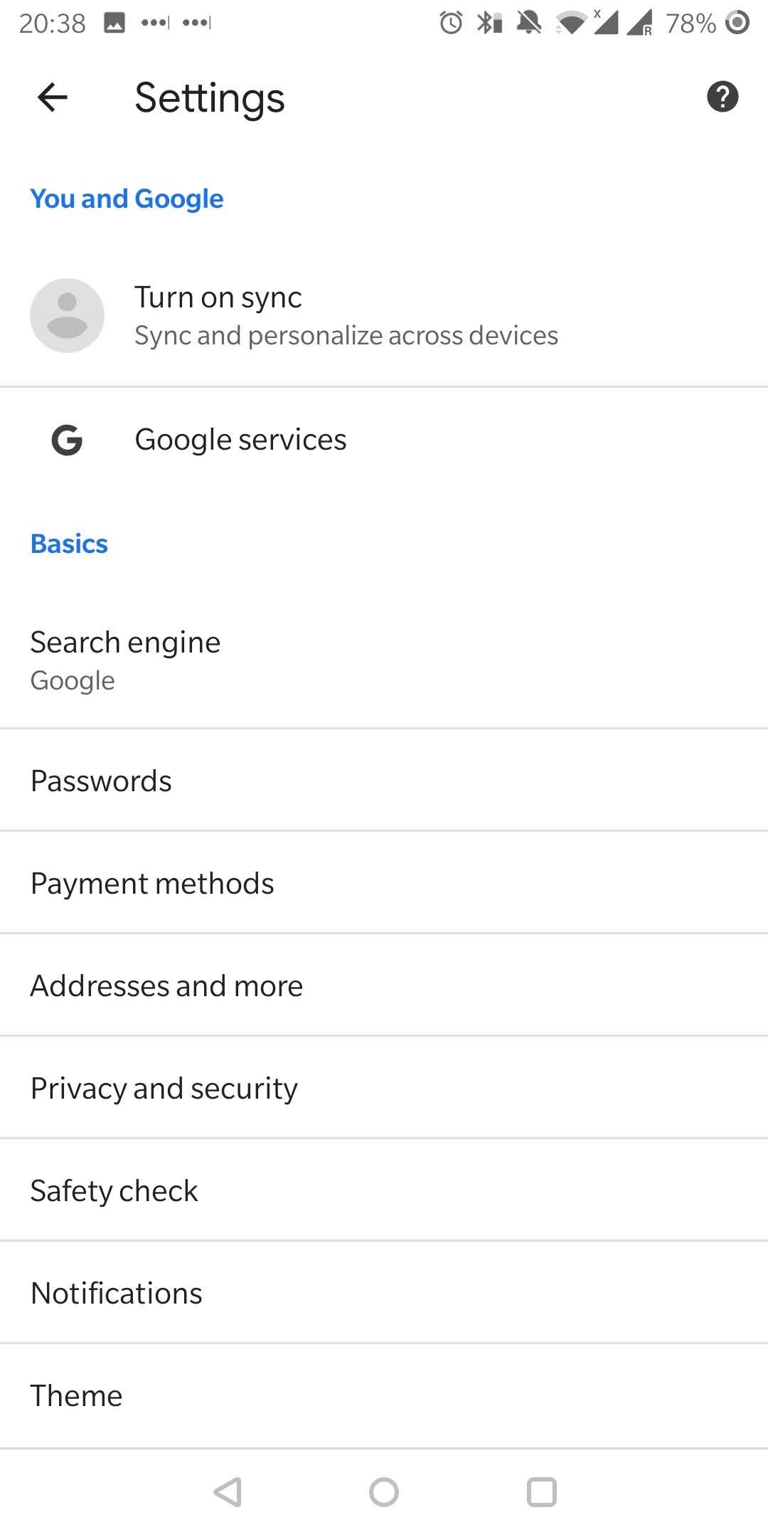 Google Chrome Settings menu without account added
