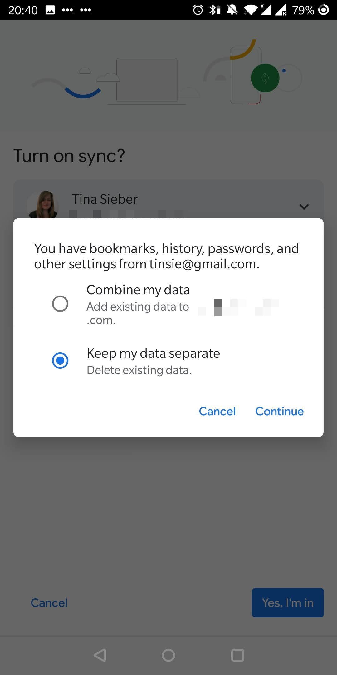 Google Chrome on Android combine or separate data screen