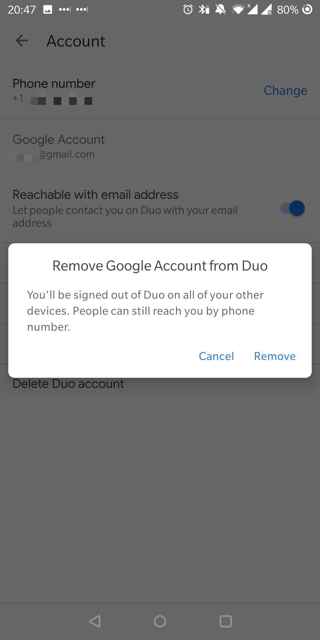 Remove Google Account from Duo