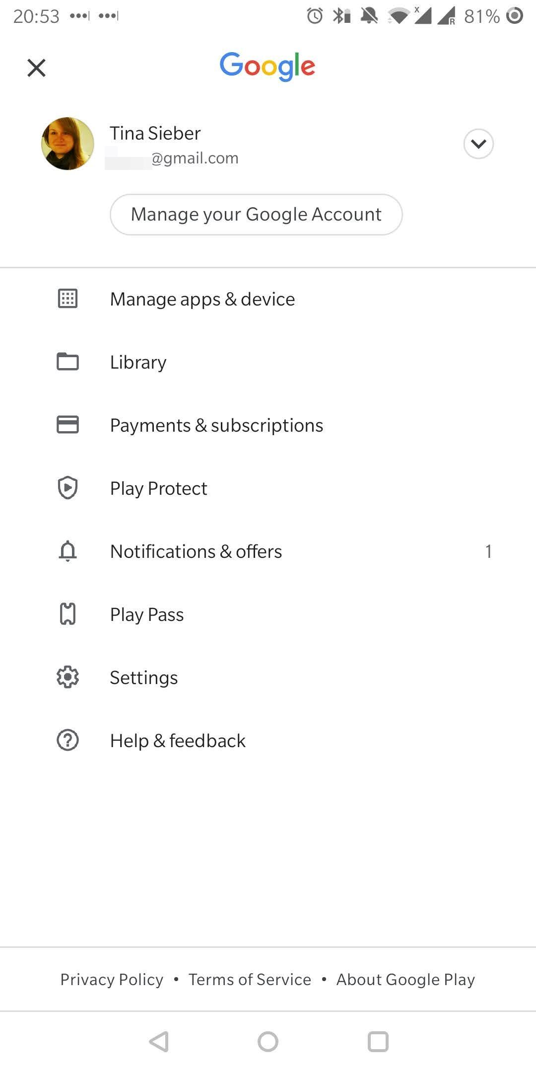 Google Play Store menu