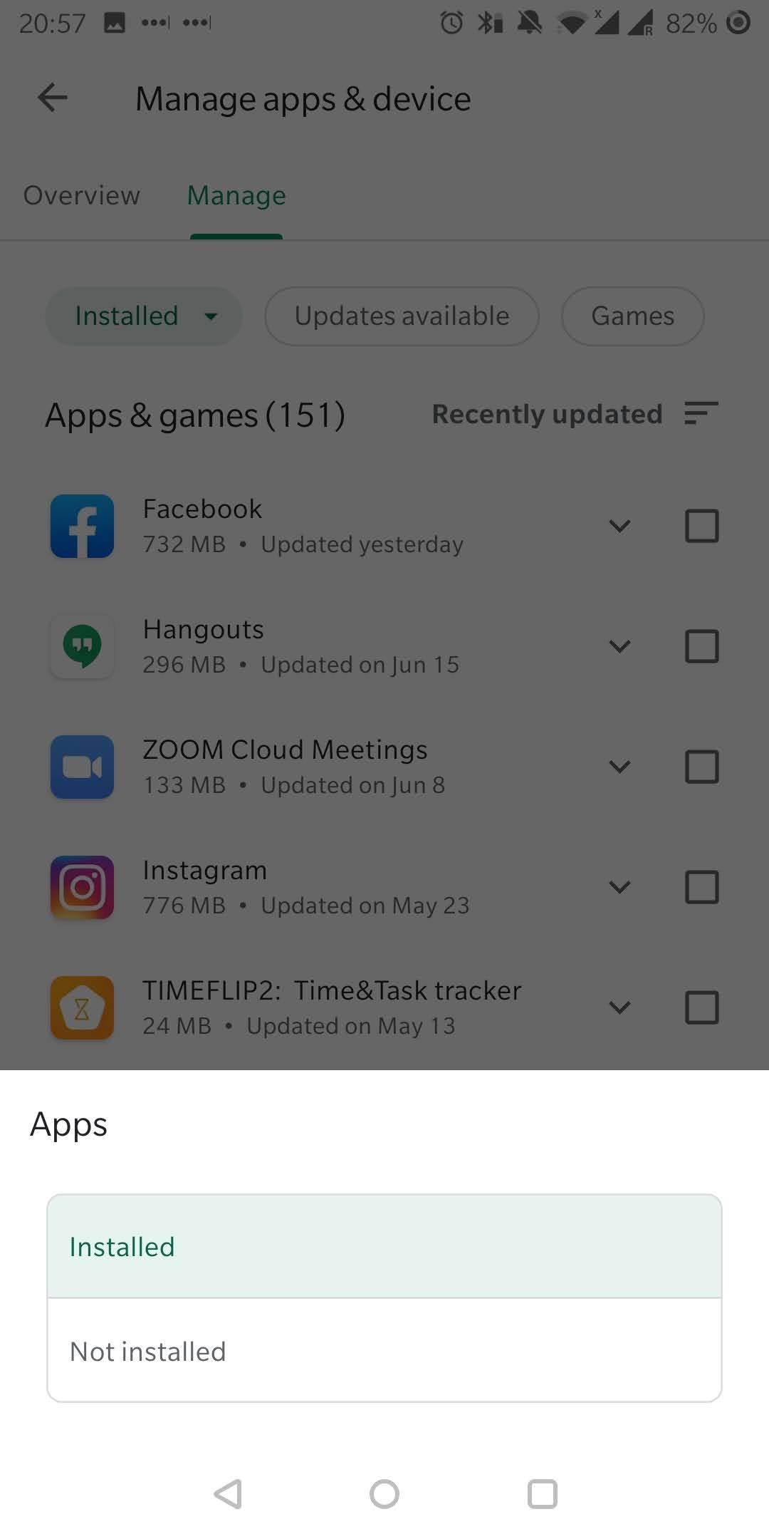 Android Google Play Store switching between installed and not installed apps.