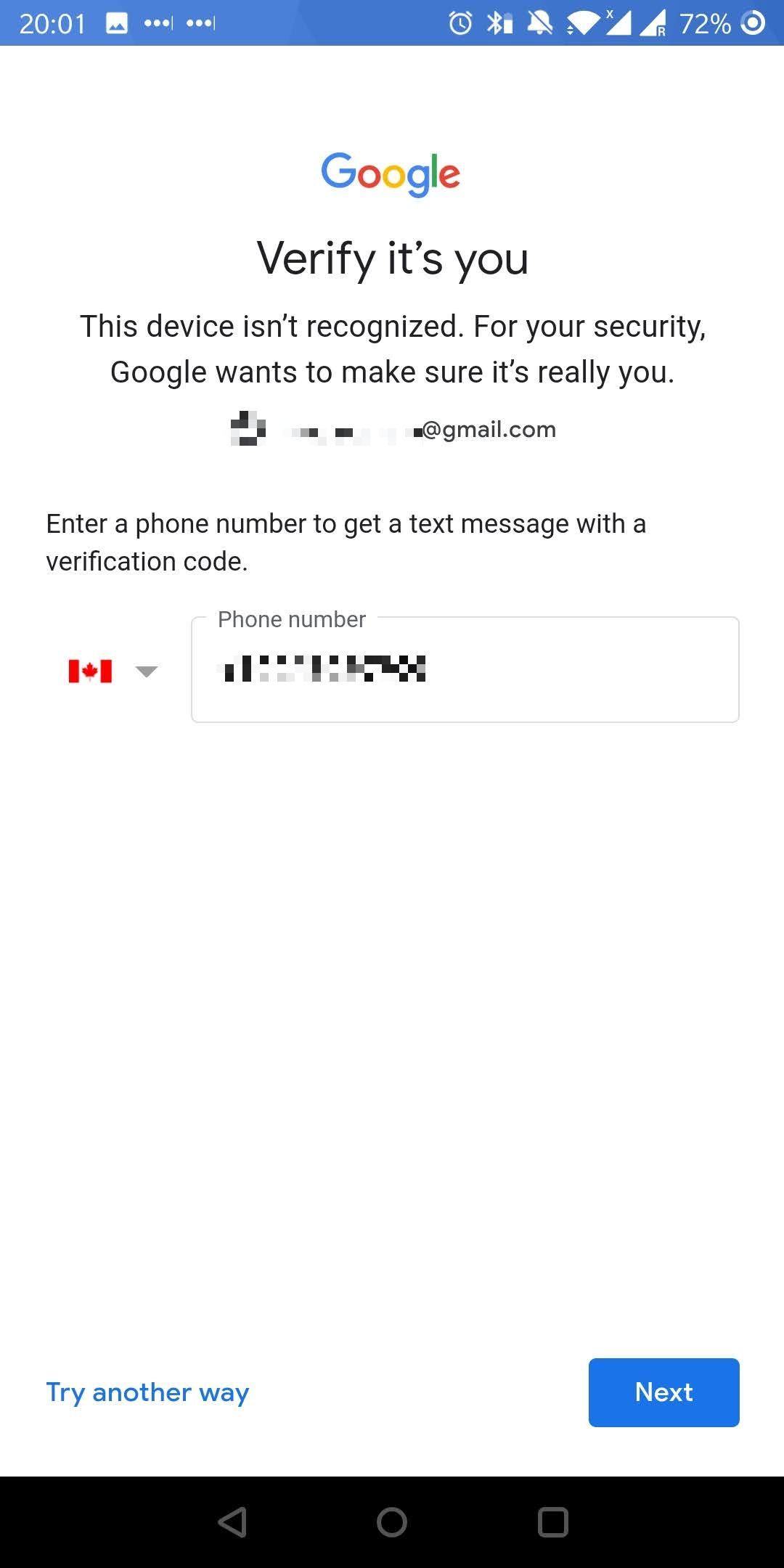 Adding Google account to Android verification screen