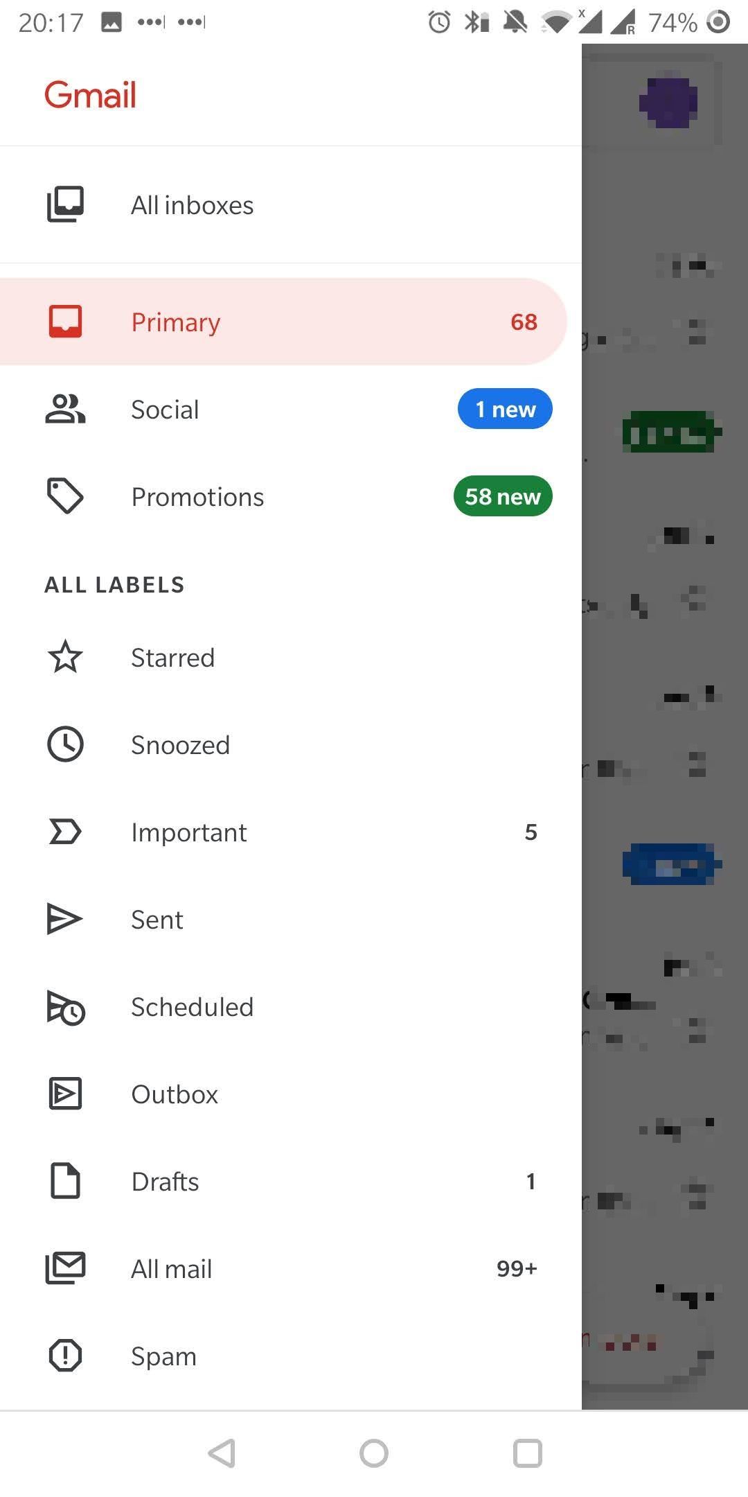 Gmail inbox on Android app