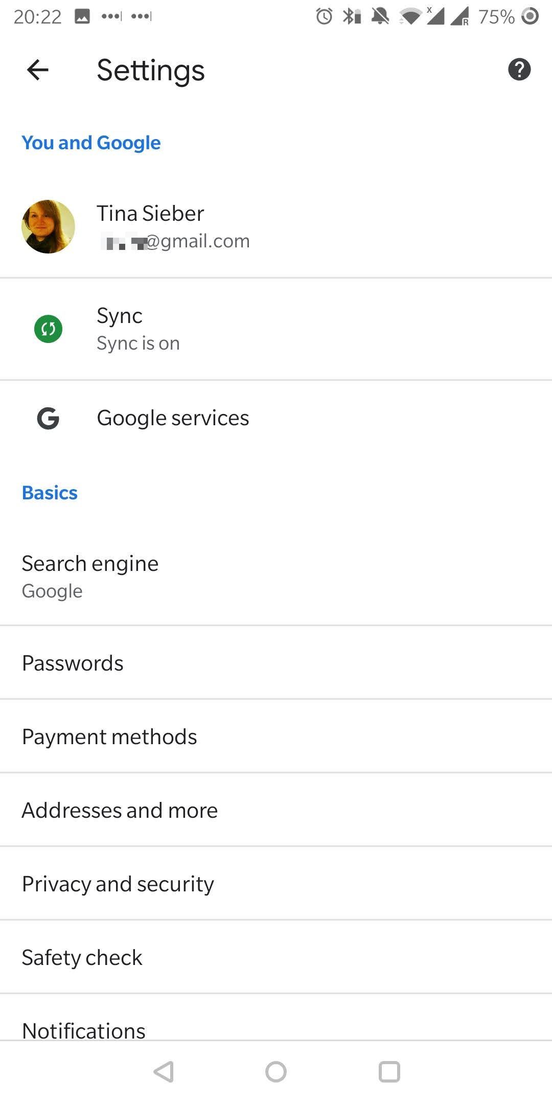 Google Chrome on Android Settings menu