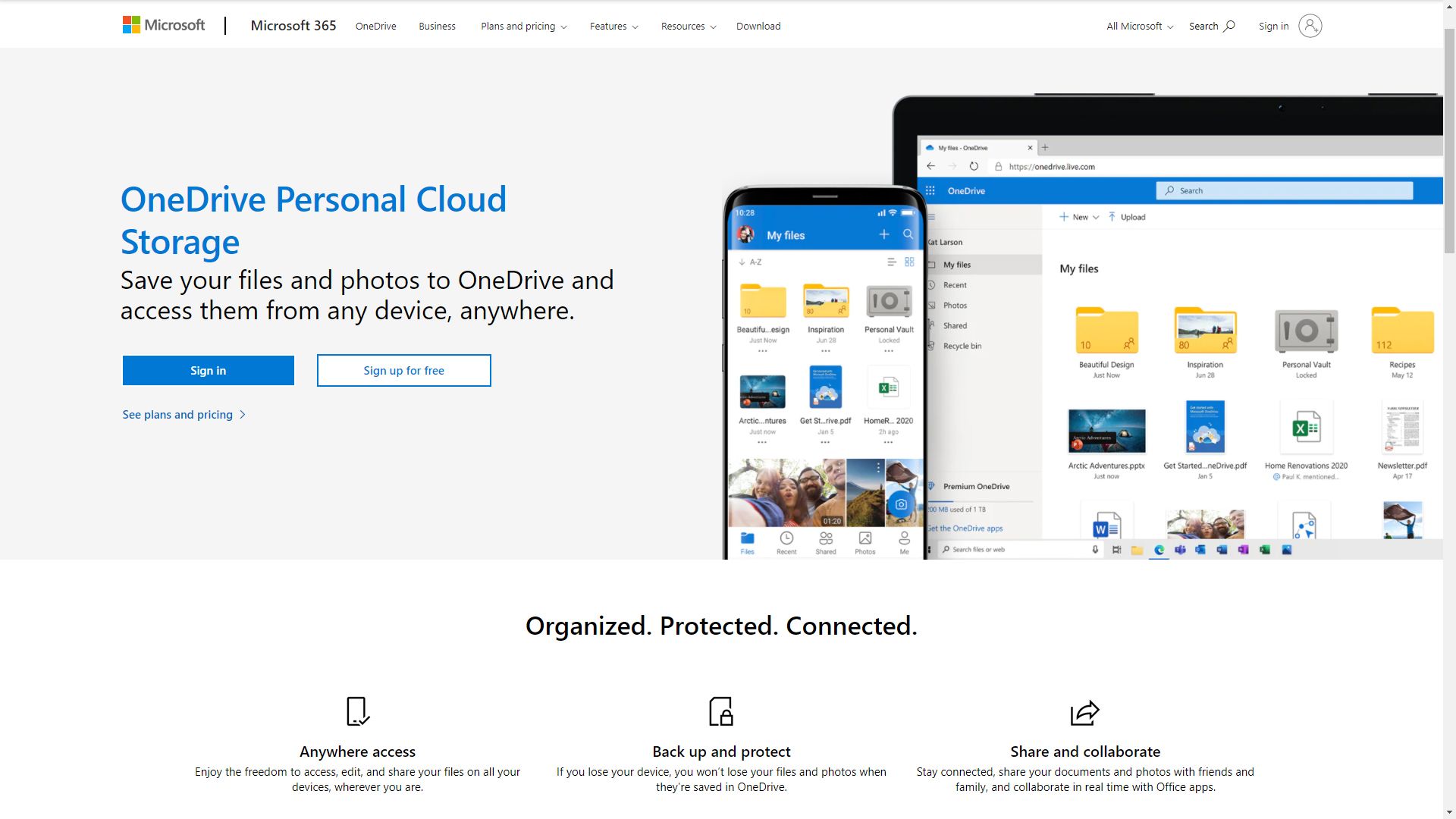 Microsoft OneDrive homepage
