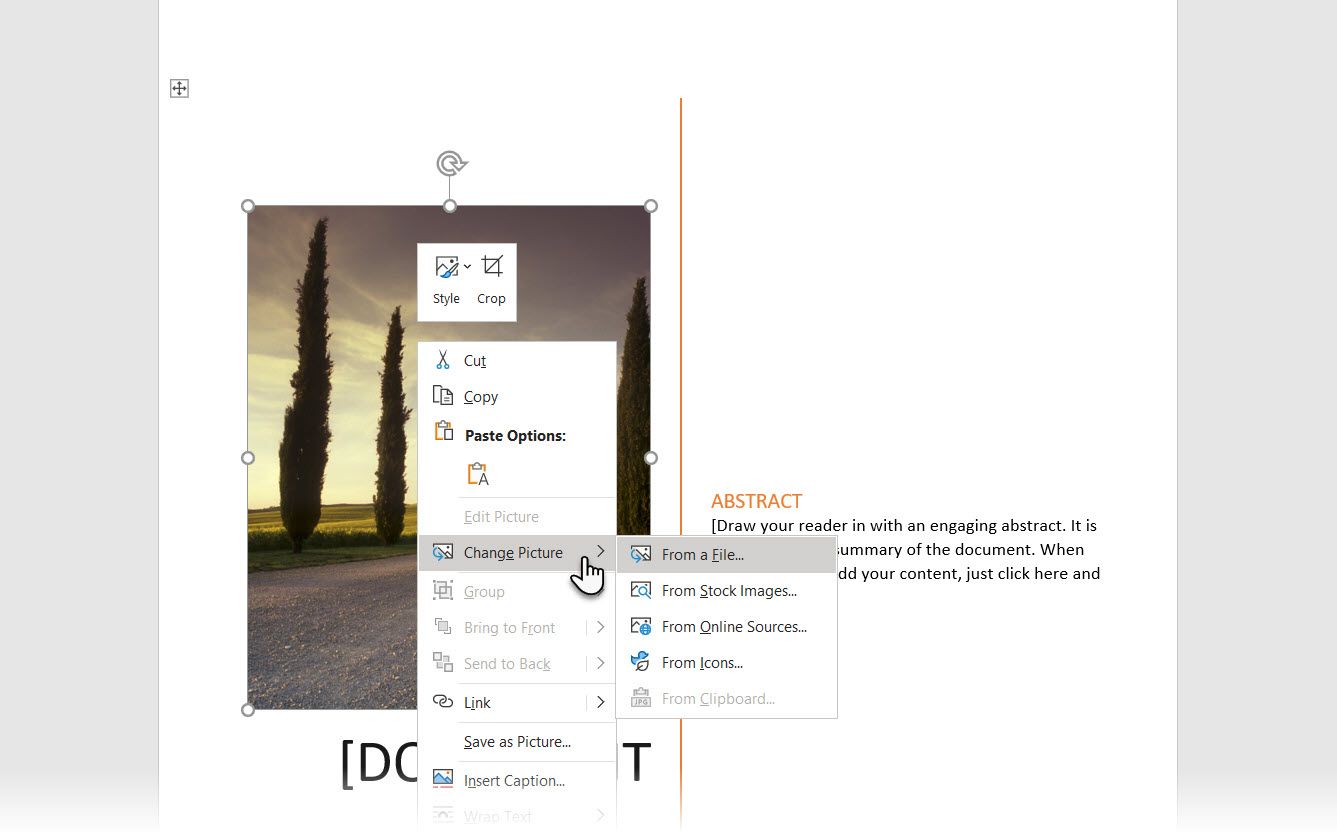 Change cover page image in Word