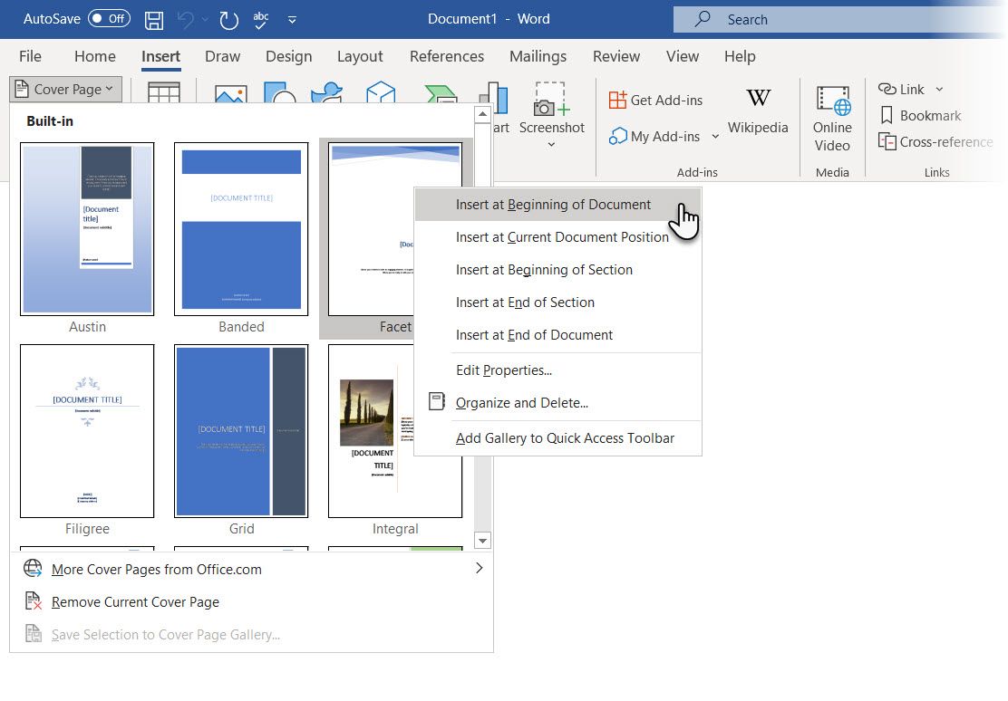 save my own cover page in word for mac 2016