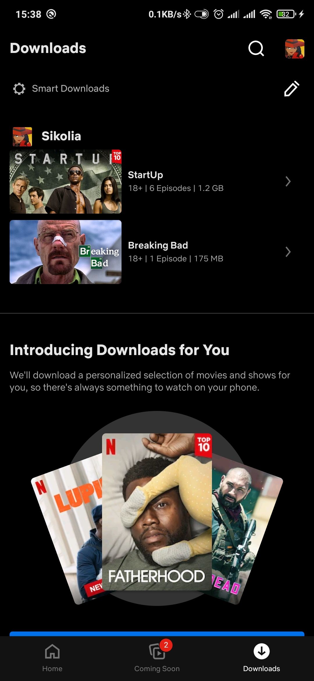 Downloads tab on Netflix Android app
