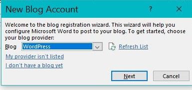 Screenshot of the MS Word Registration Window for New WordPress Page