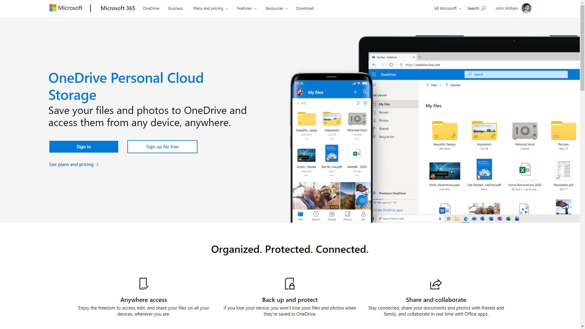 Screenshot of the OneDrive Personal Cloud Storage Homepage