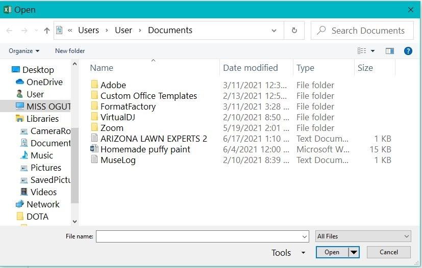 Screenshot Displaying the Open File Window In Excel
