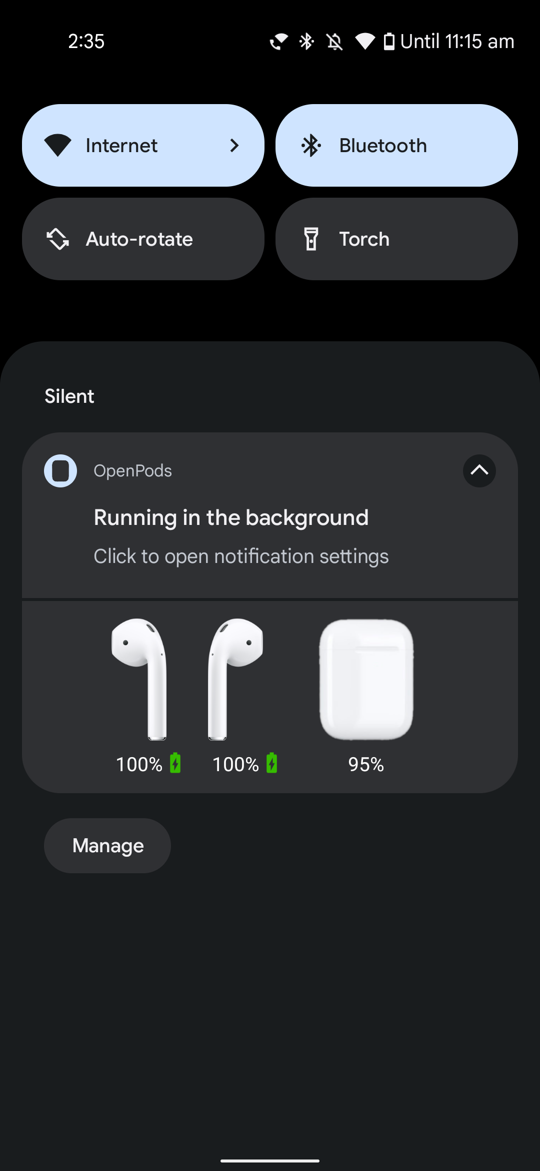 OpenPods showing AirPods battery level notification