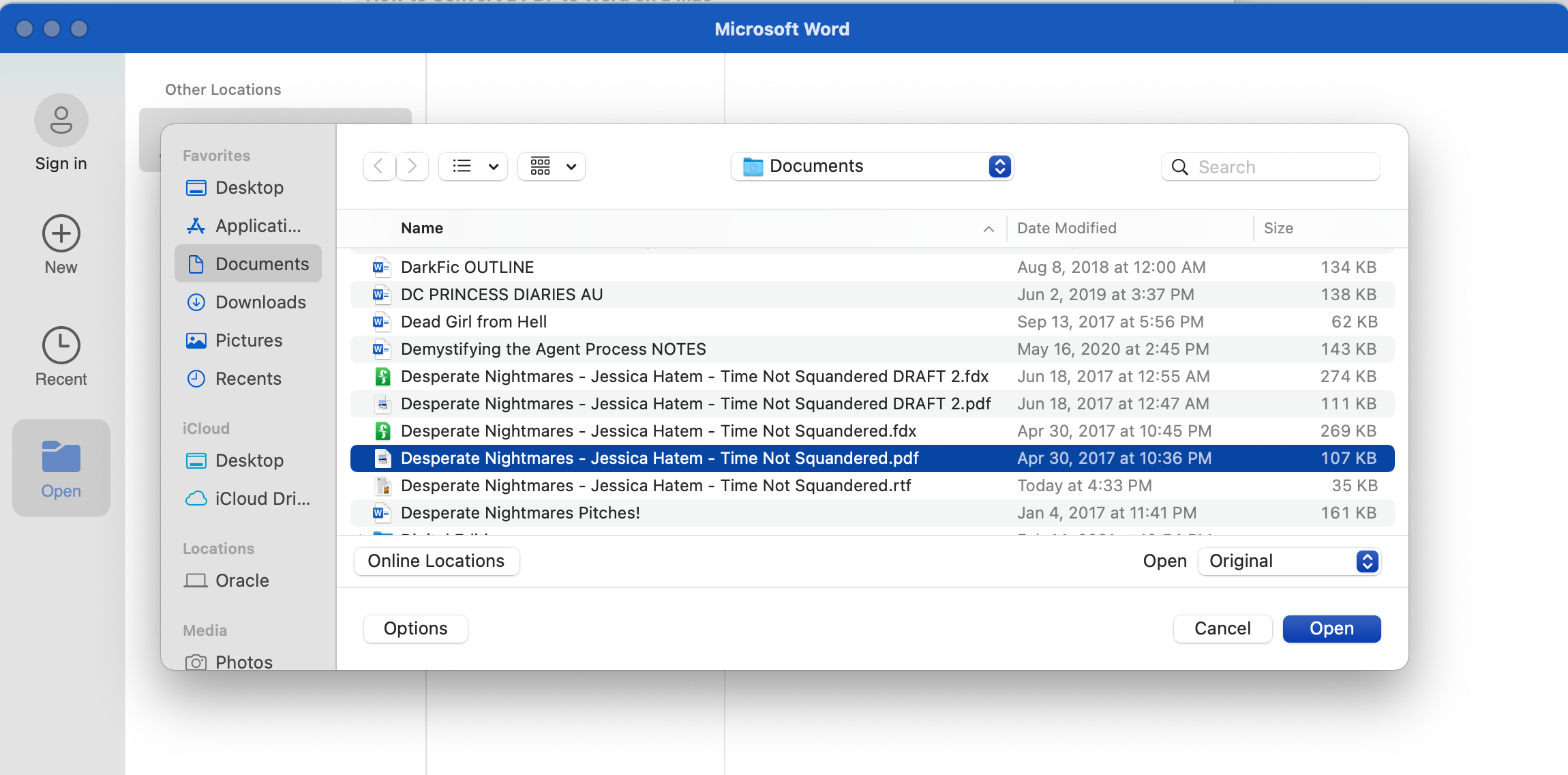 Menu Buka di Microsoft Word untuk Mac.  File PDF disorot