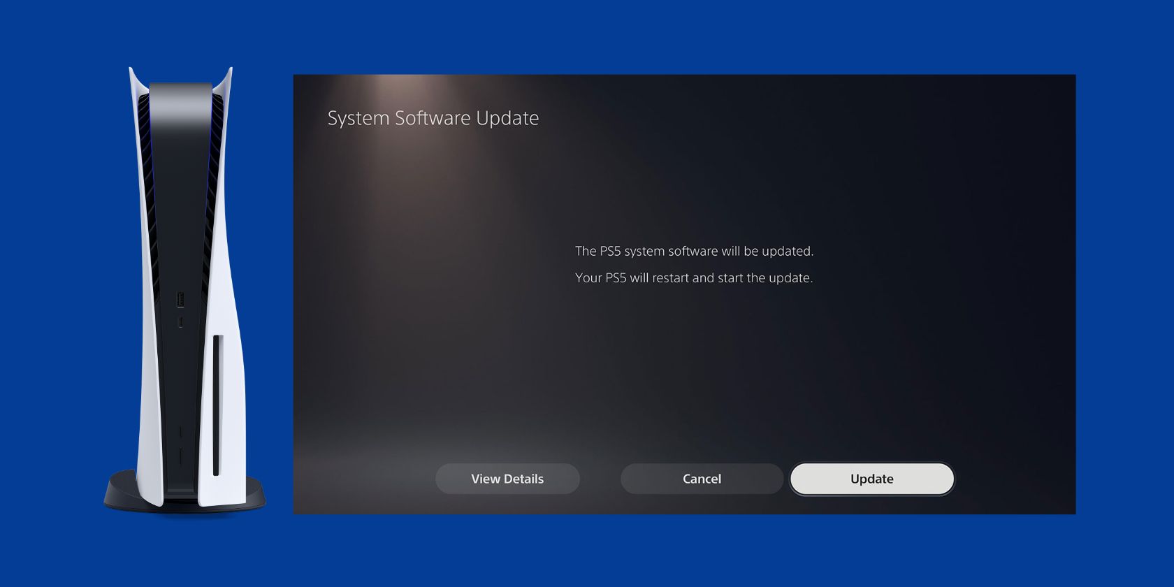 A screenshot of the PS5 software update screen next to a PS5.