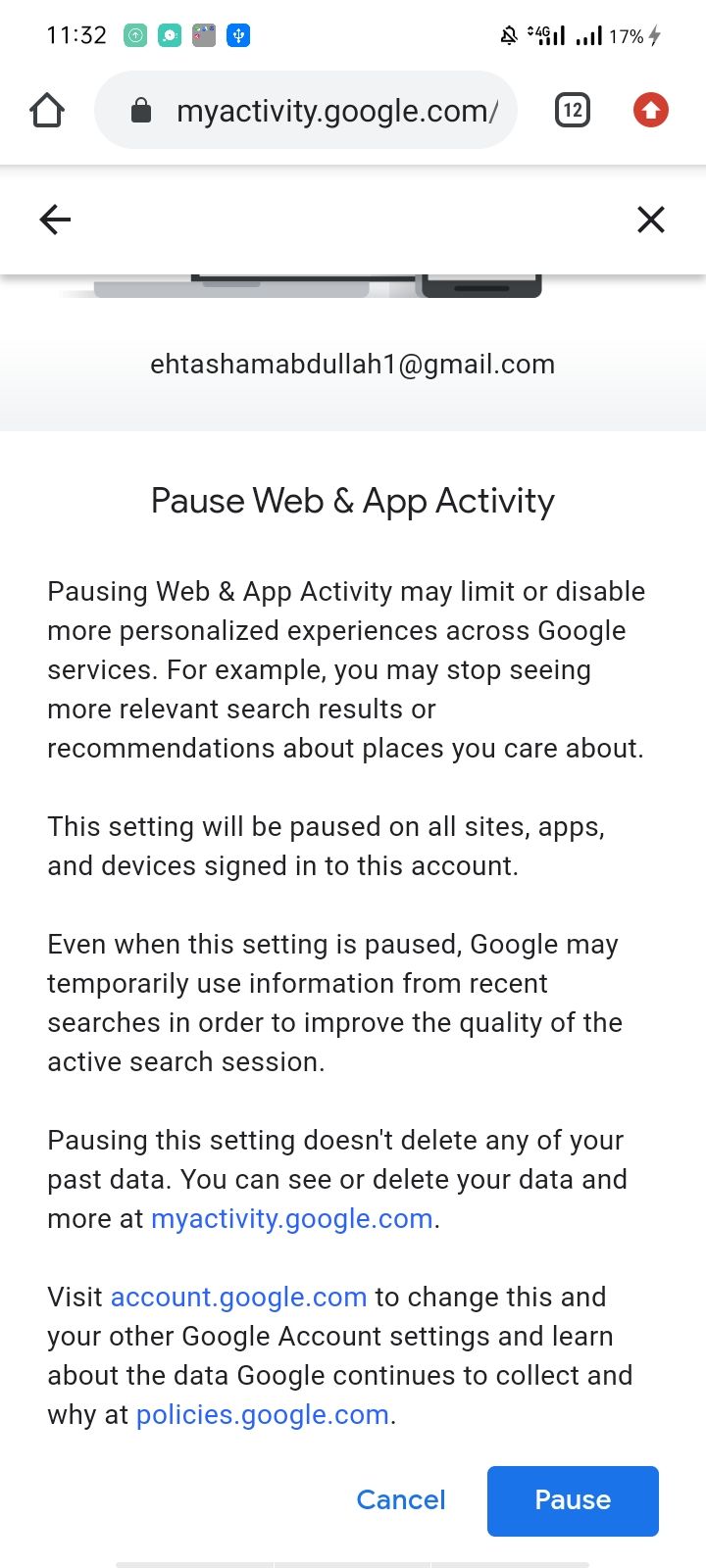 Pausing Saving of Web and App Activity in Chrome