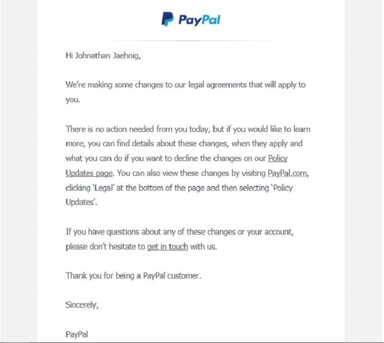 PayPal Terms of Service email announcement