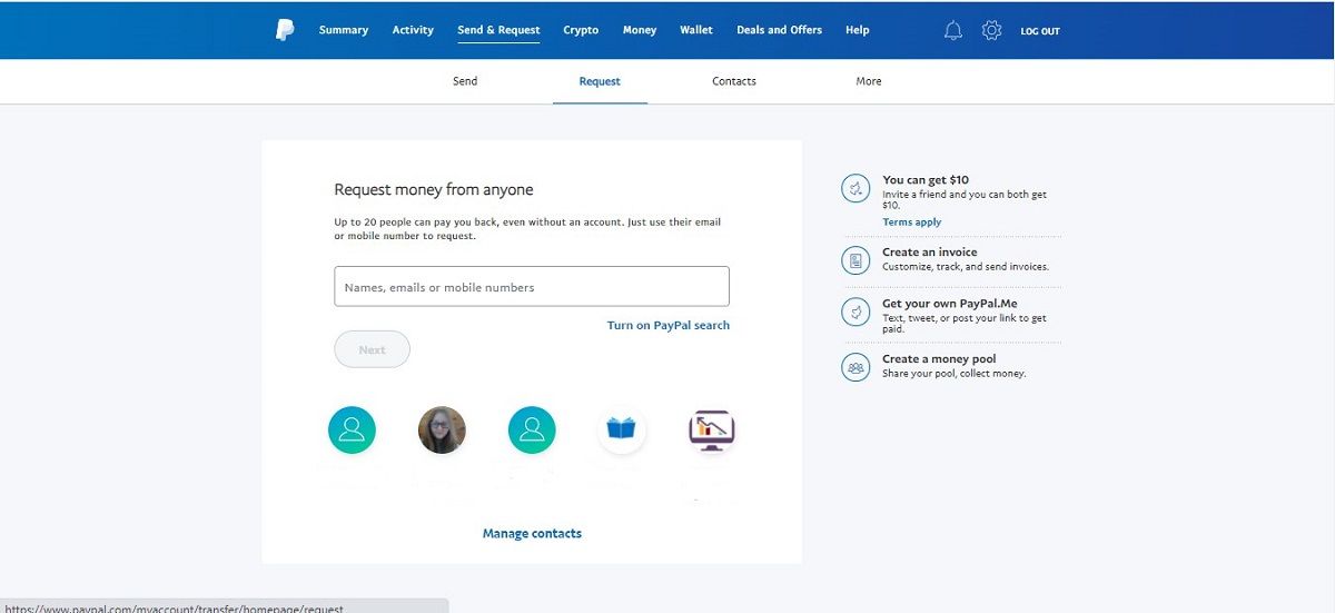 The Request page on PayPal