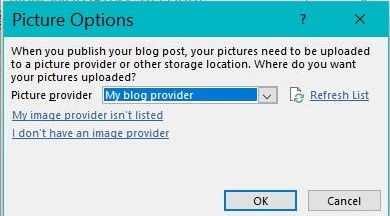 Screenshot of the WordPress Picture Option Dialogue Box