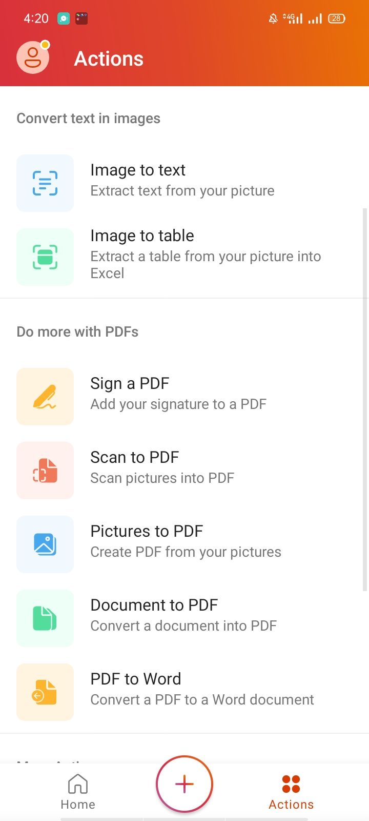 Pictures to Pdf option in Actions in Microsoft Office App