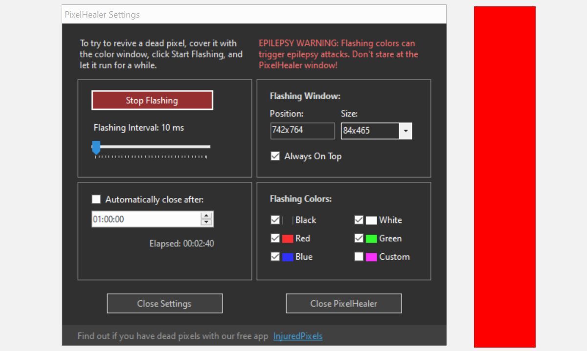 PixelHealer settings window with flashing rectangle to its right.