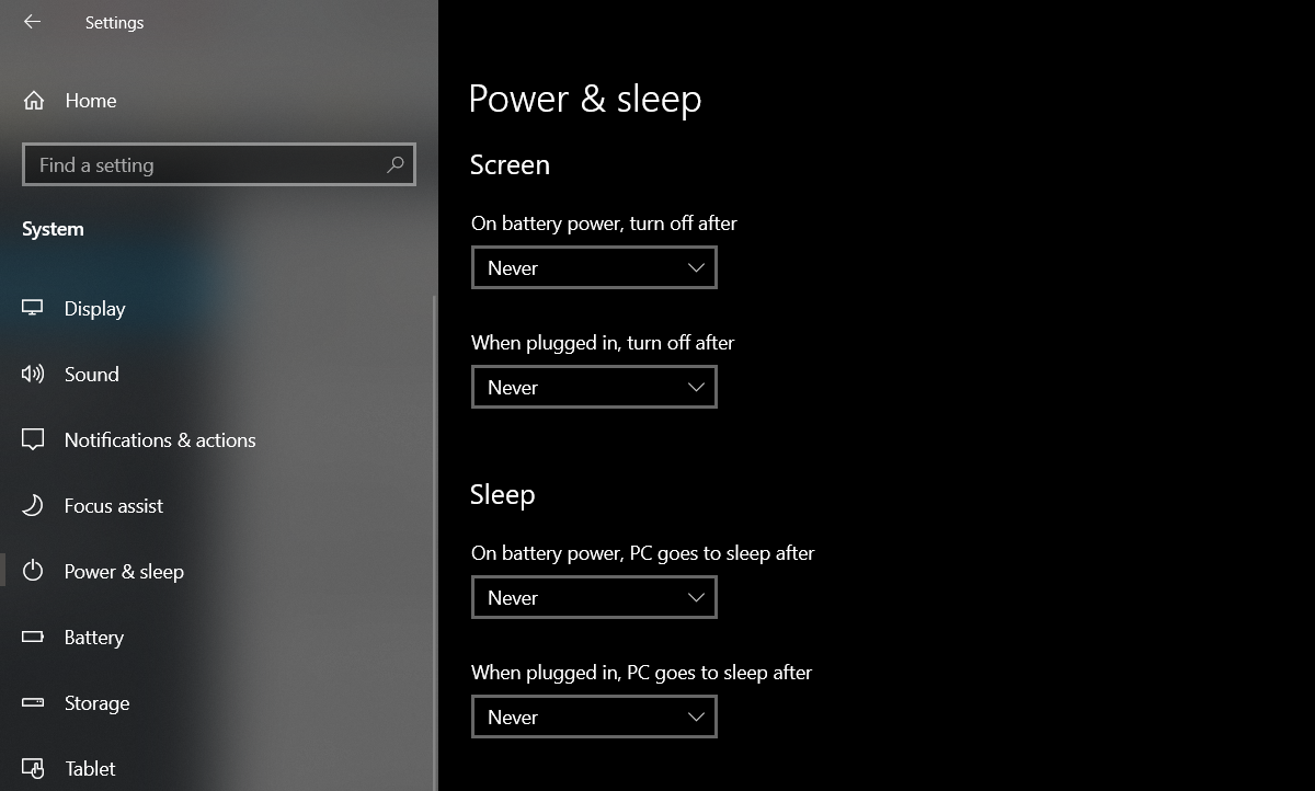 Windows 10's power and sleep settings page